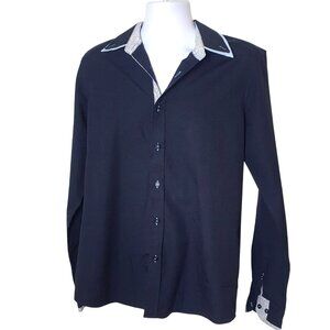 Eighth Avenue Mens L Navy Slim Fit Long Sleeve Button Up Shirt Preppy Elegant
